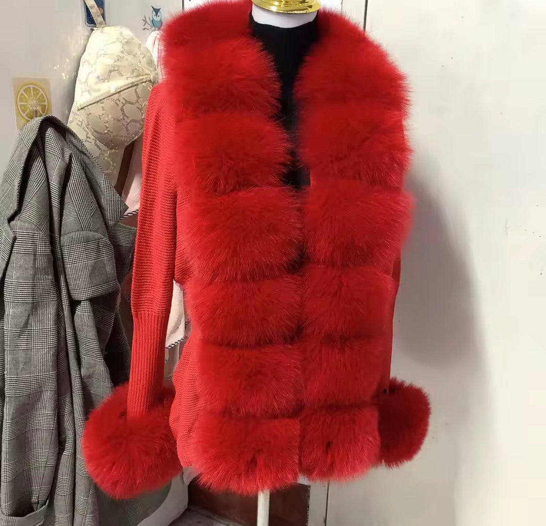 Luxury Real Fox Fur Cardigan with Sleeves & Cuffs | Handcrafted Knit Wool Blend Sweater with Genuine Fox Fur Trim