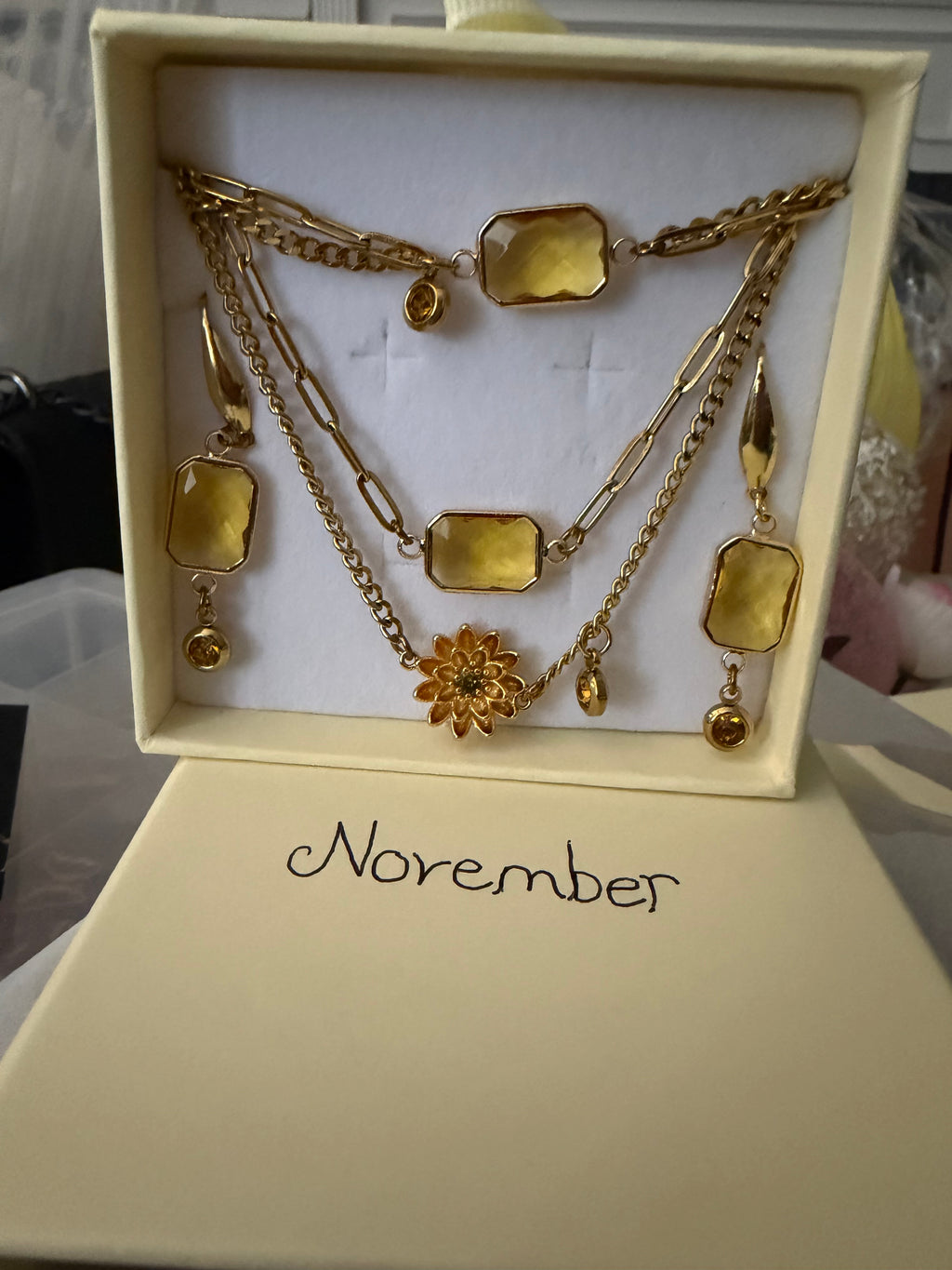 18k Gold PVD Birth Month double layered pendant Necklace, Bracelet and Earrings 3 pce set.