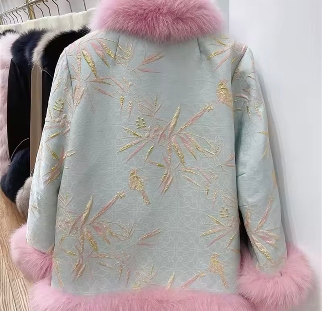 Luxury Faux Fur Trim Jacquard Jacket – Elegant Brocade Winter Coat