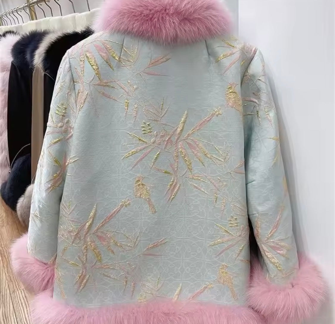 Luxury Faux Fur Trim Jacquard Jacket – Elegant Brocade Winter Coat