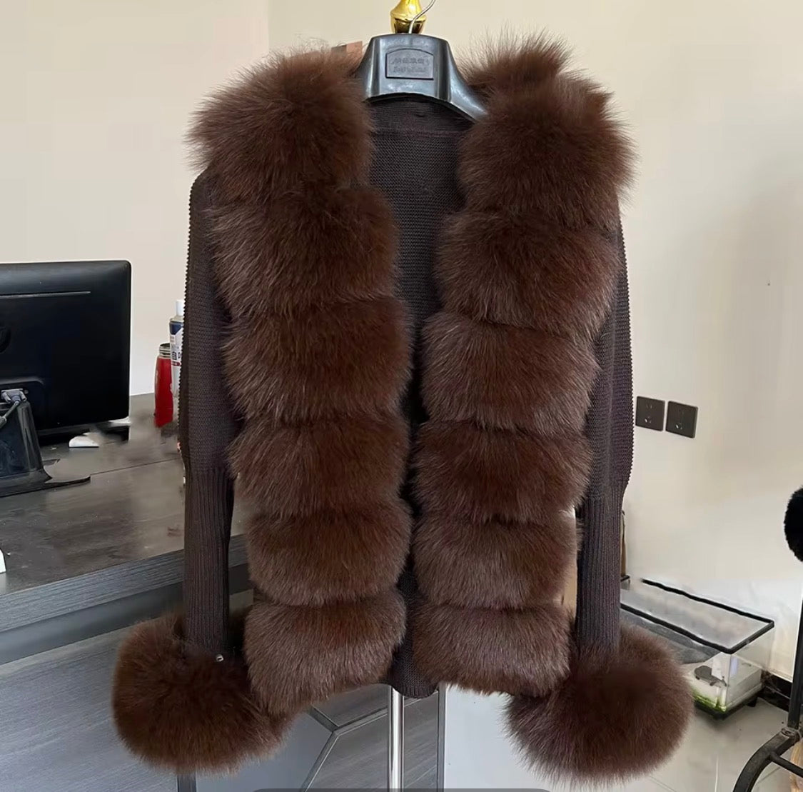 Luxury Real Fox Fur Cardigan with Sleeves & Cuffs | Handcrafted Knit Wool Blend Sweater with Genuine Fox Fur Trim