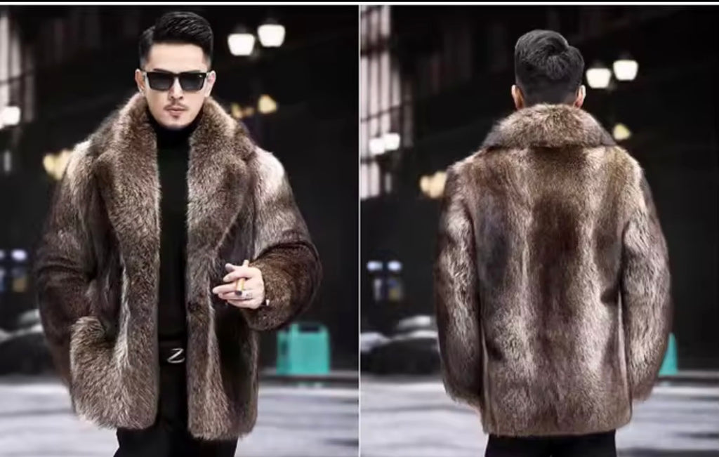 Men’s Faux Fur Coat – Winter Thick Warm Shaggy Overcoat, Vintage Lapel Collar Fluffy Jacket for Cold Weather