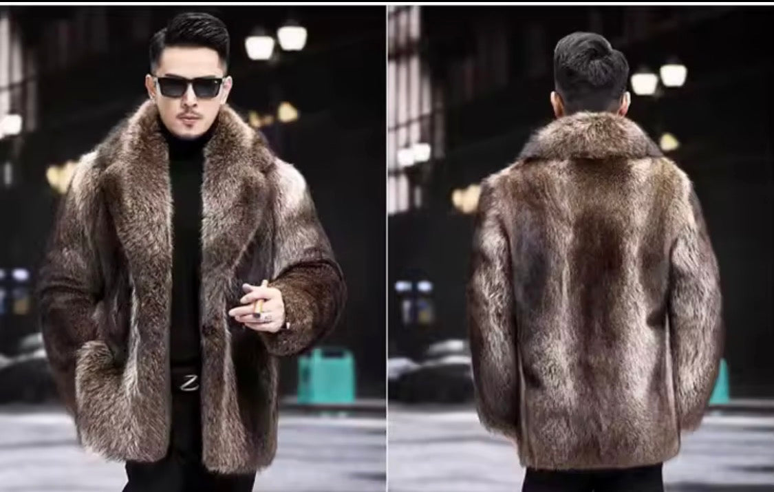 Men’s Faux Fur Coat – Winter Thick Warm Shaggy Overcoat, Vintage Lapel Collar Fluffy Jacket for Cold Weather