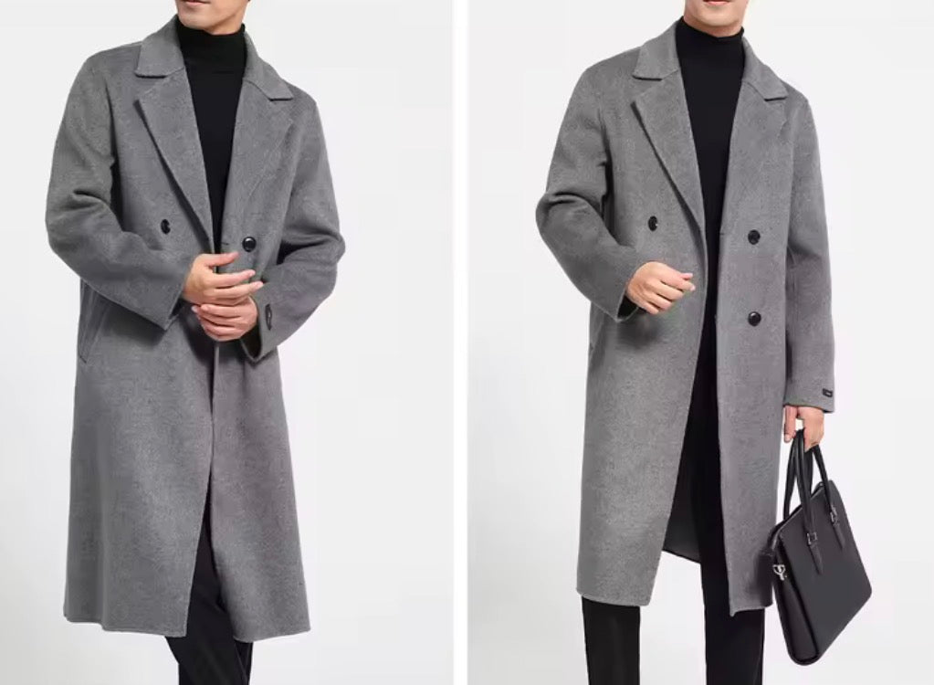 Men's 100% Cashmere Coat]Long Double Sided Overcoat]Classic Double Breasted Winter Trench Jacket]Formal Luxury Outerwear