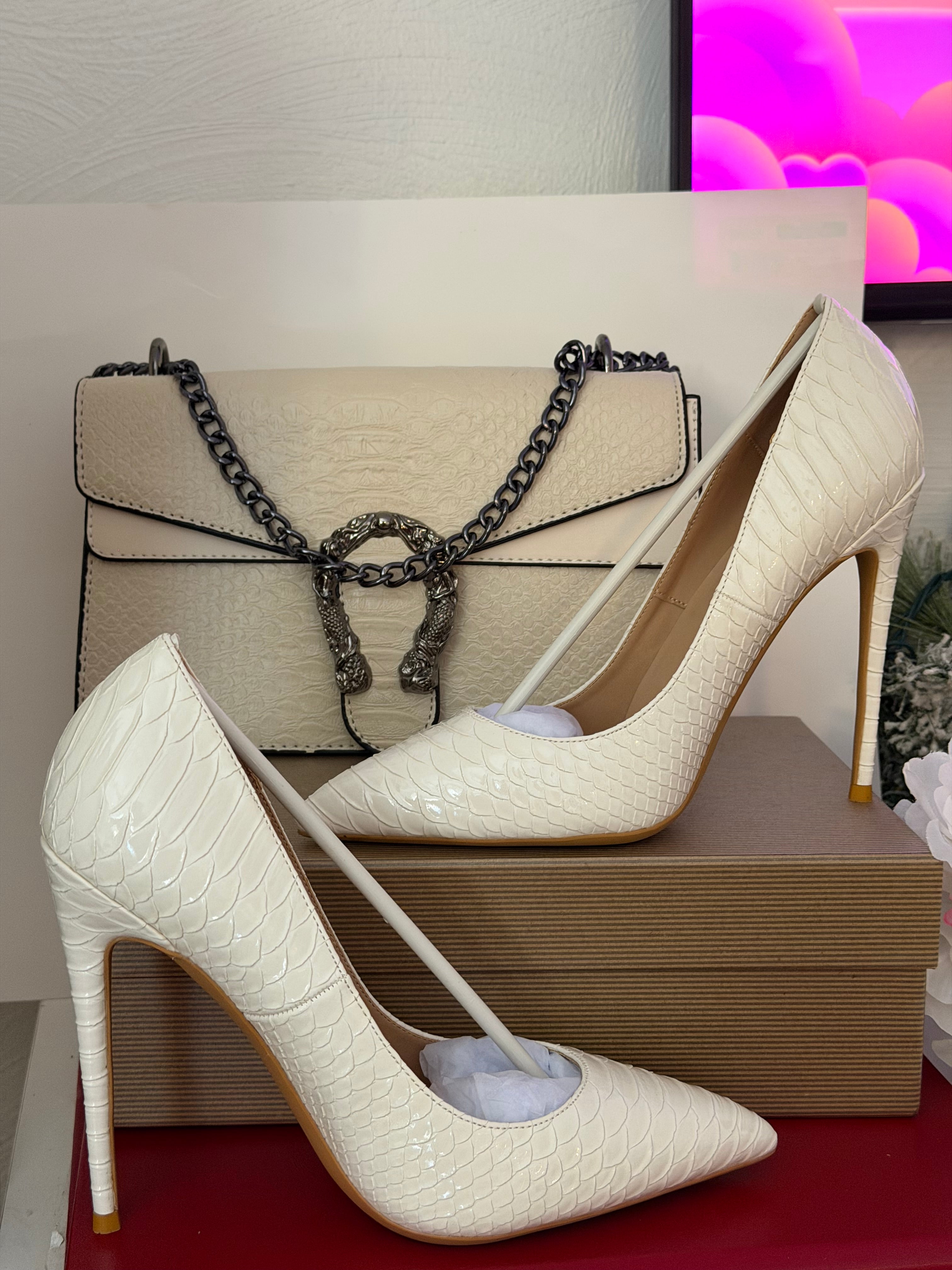 Ivory Snakeskin Stiletto & Dionysus-Style Crossbody Set