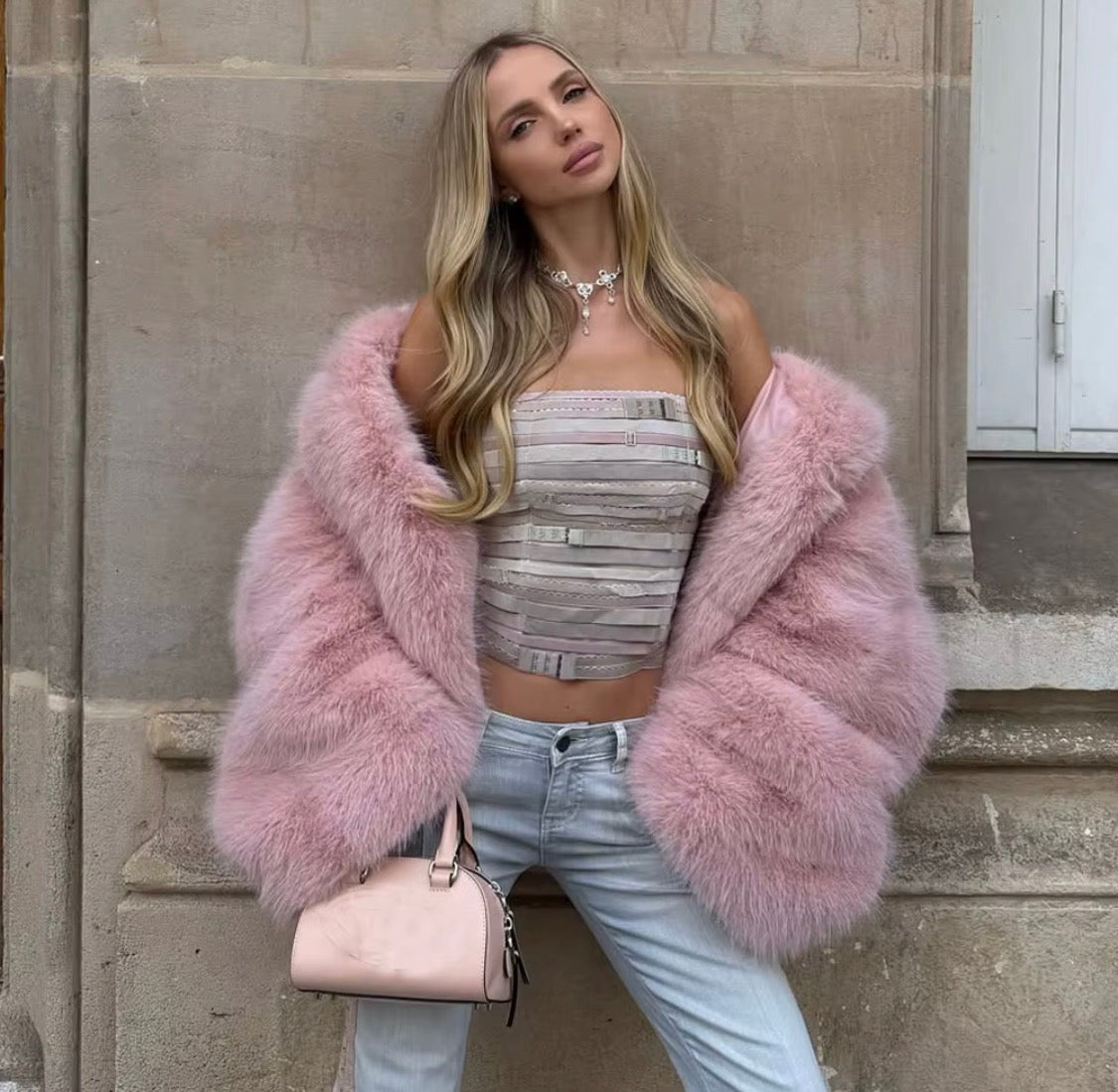 LuxePlush™ Cropped Faux Fur Jacket – Women's Glam Oversized Coat