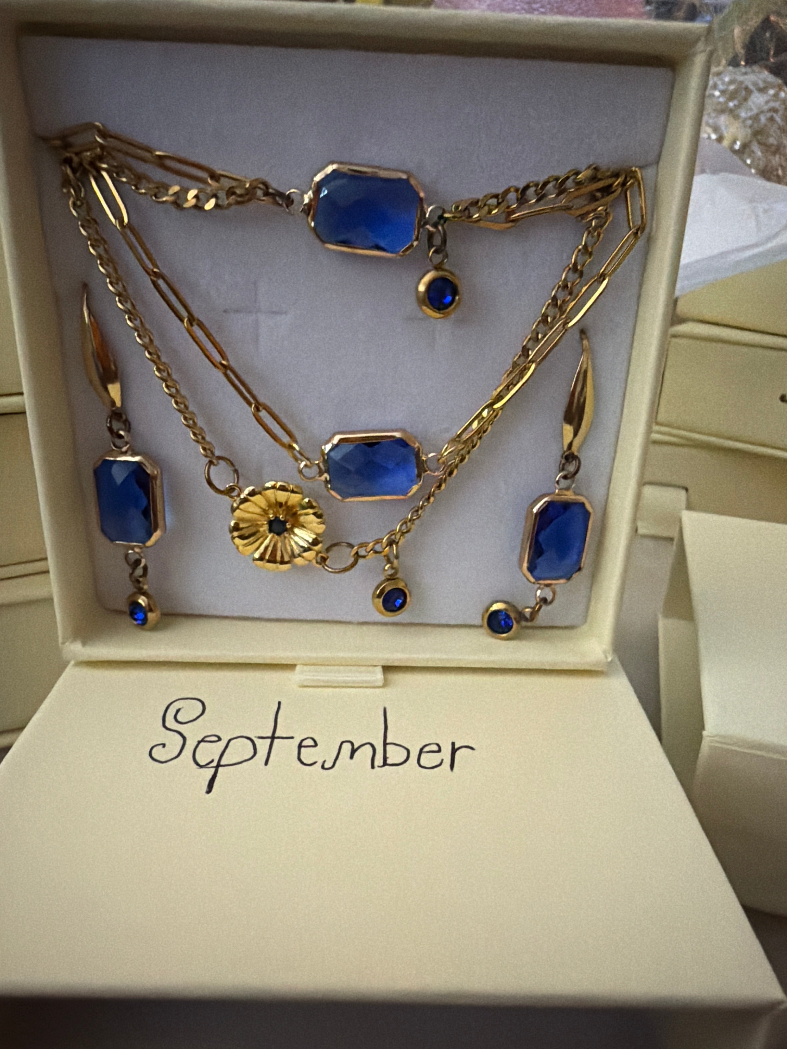 18k Gold PVD Birth Month double layered pendant Necklace, Bracelet and Earrings 3 pce set.