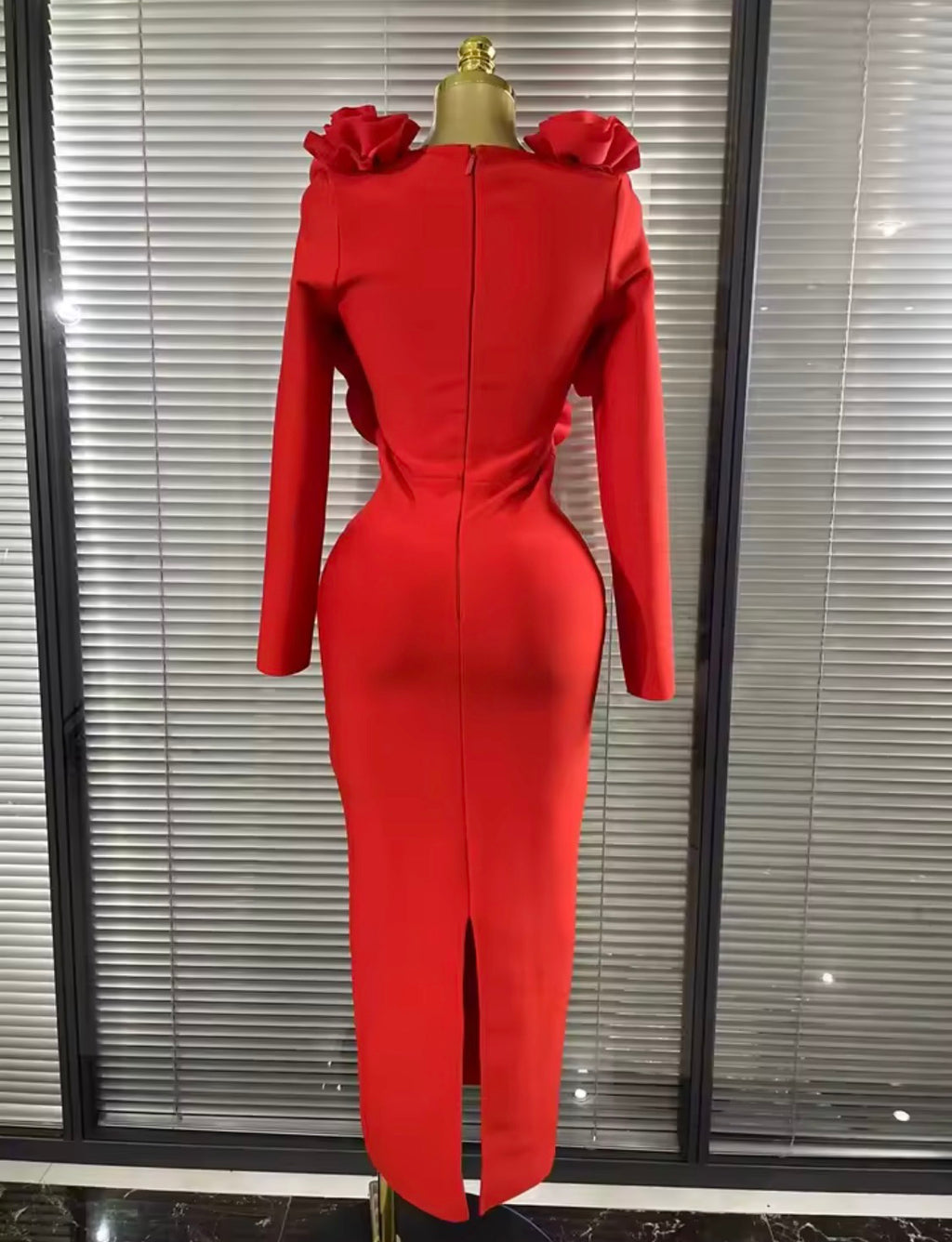Luxury 3D Rose Floral Accent Long Sleeve Maxi Bandage Dress – Elegant Evening Gown