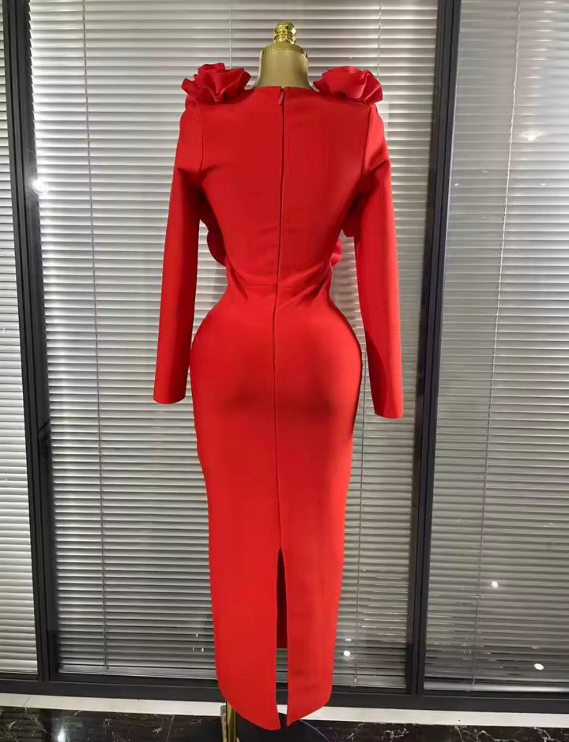 Luxury 3D Rose Floral Accent Long Sleeve Maxi Bandage Dress – Elegant Evening Gown