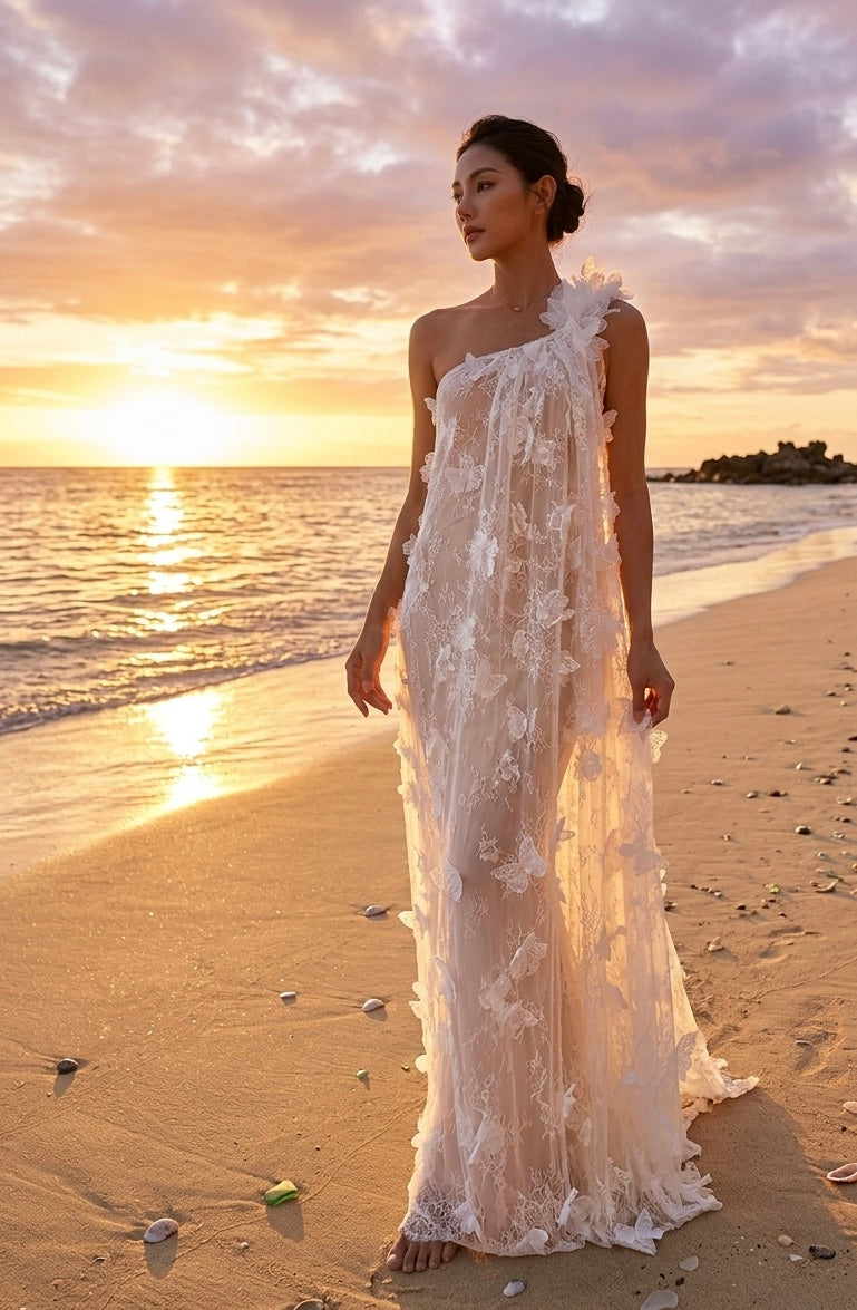 White 3D Floral One-Shoulder Maxi Dress | Ethereal floral Appliqué Summer Gown