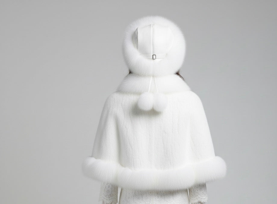 Knitted Mink Fur Cape with Fox Fur Collar & Hat Set