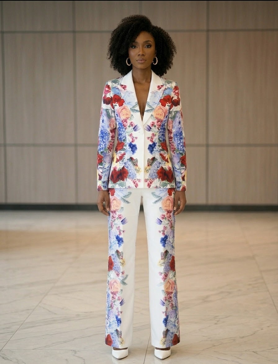 Women’s Floral Print Suit Set, Designer Two-Piece Blazer and Flare Pants, Botanical Garden Party Outfit, Statement Tailored Suit,