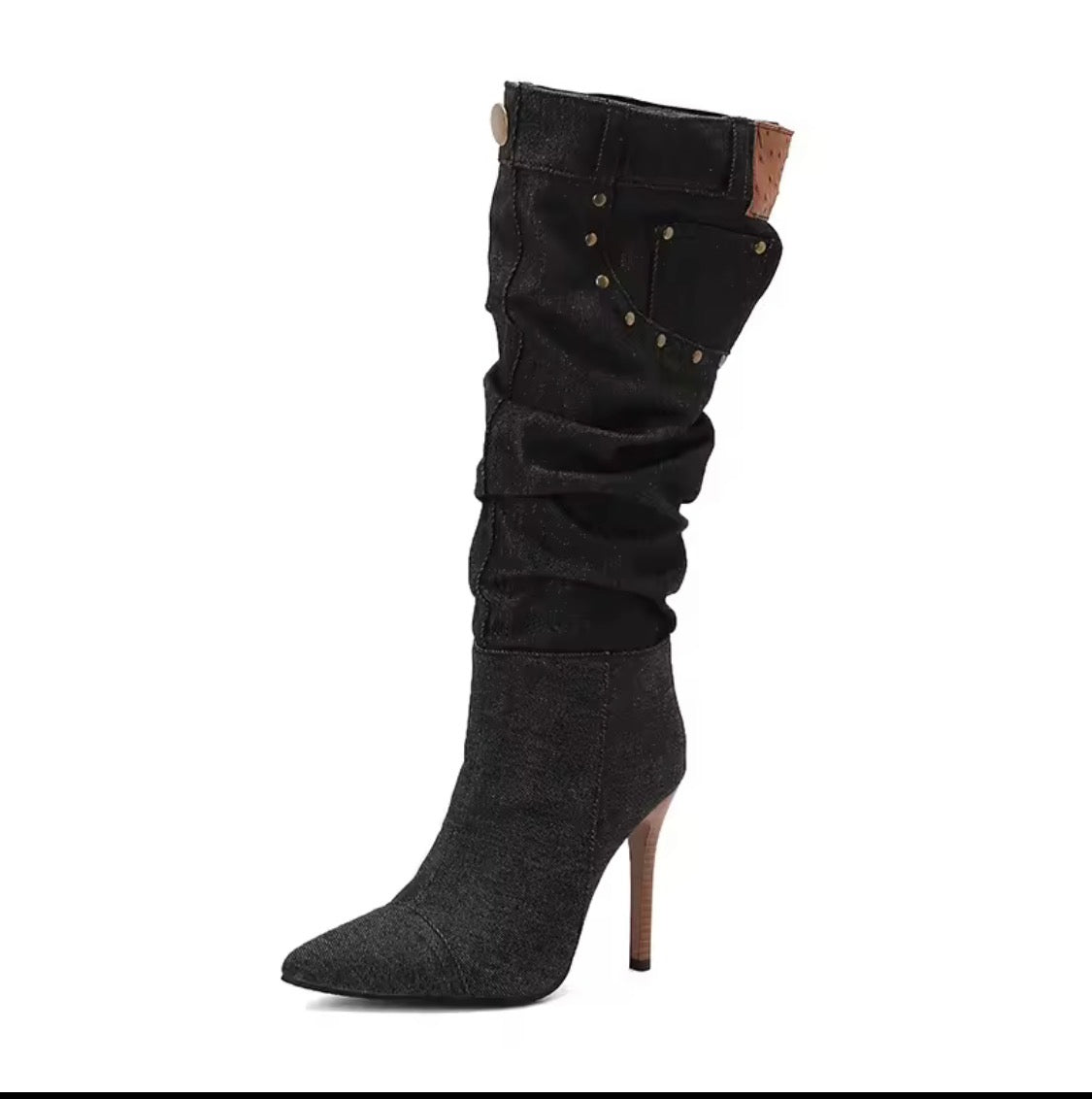 Women's Slouchy Denim Mid-Calf Boots – Pointed Toe Stiletto High Heel