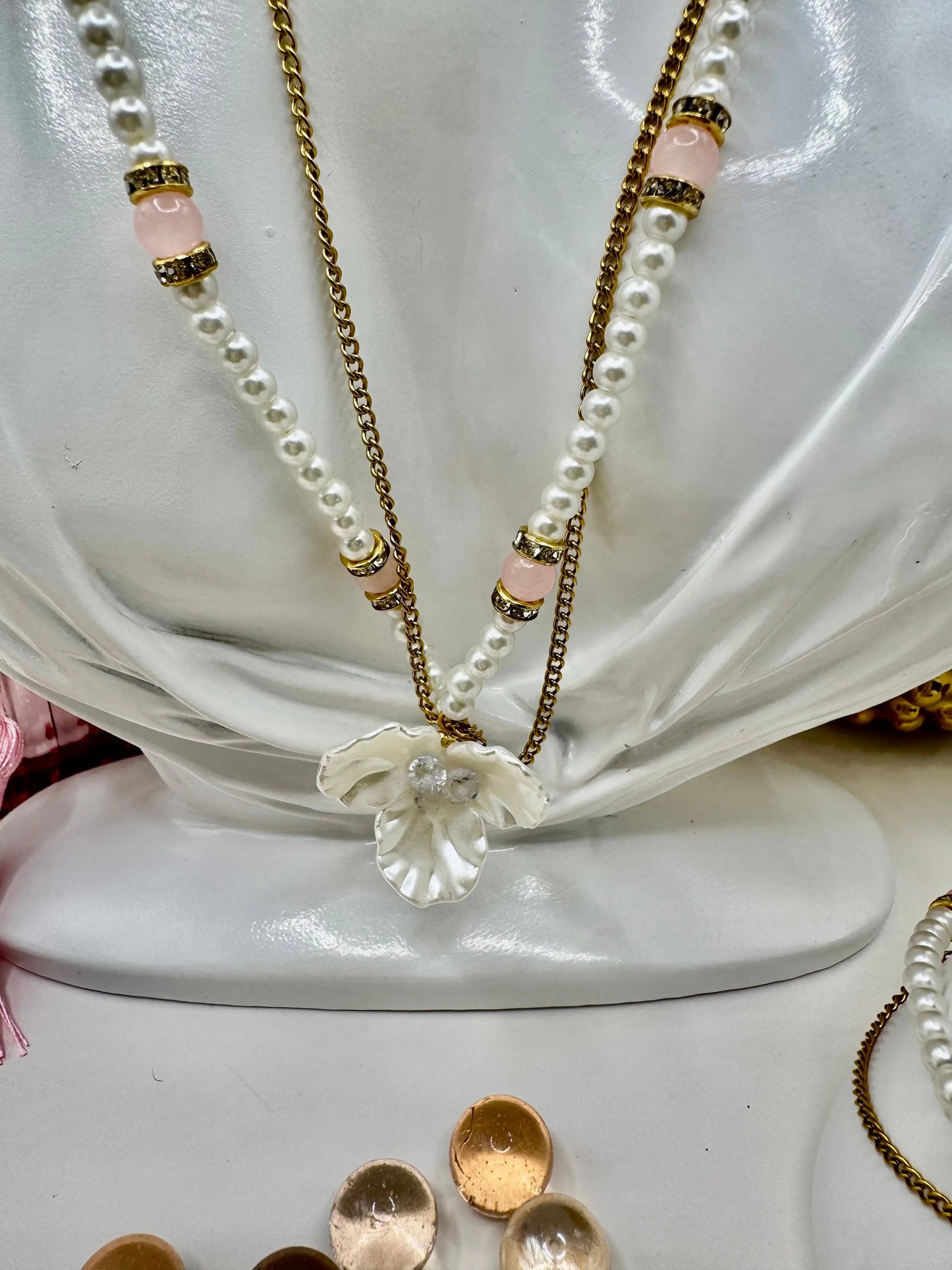 18k gold PVD Artificial pearl and glass beads Necklace with 3D Flower pendant and Bracelet set - JNi3 shop