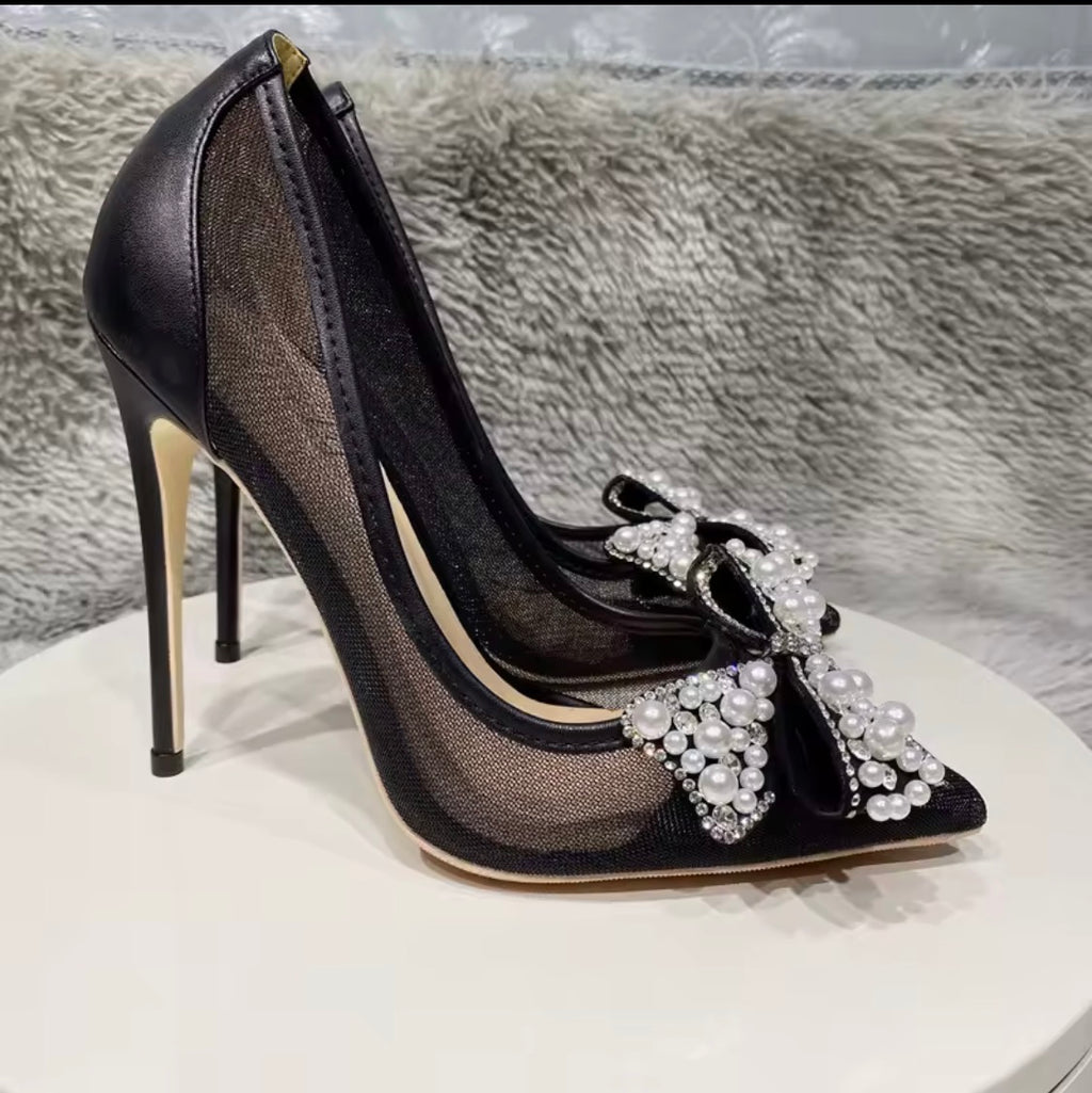 Black Lace Mesh High Heels with Bow Accents | Pointed Toe Stiletto Pumps | Pearl, Rhinestone & Classic Lace Wedding & Evening Shoeshine