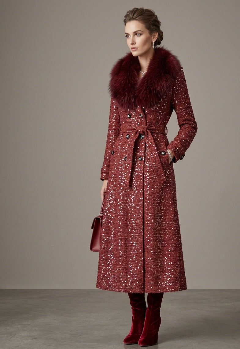 Elegant Sparkly Tweed Long Sequin Trench Belted Evening Overcoat with fur collar