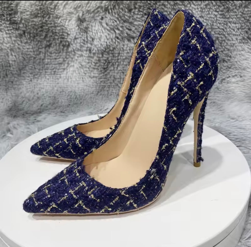 Navy Blue Tweed Belted Midi Dress and Pointed-Toe 12cm Stiletto Pump Set | 2-Piece