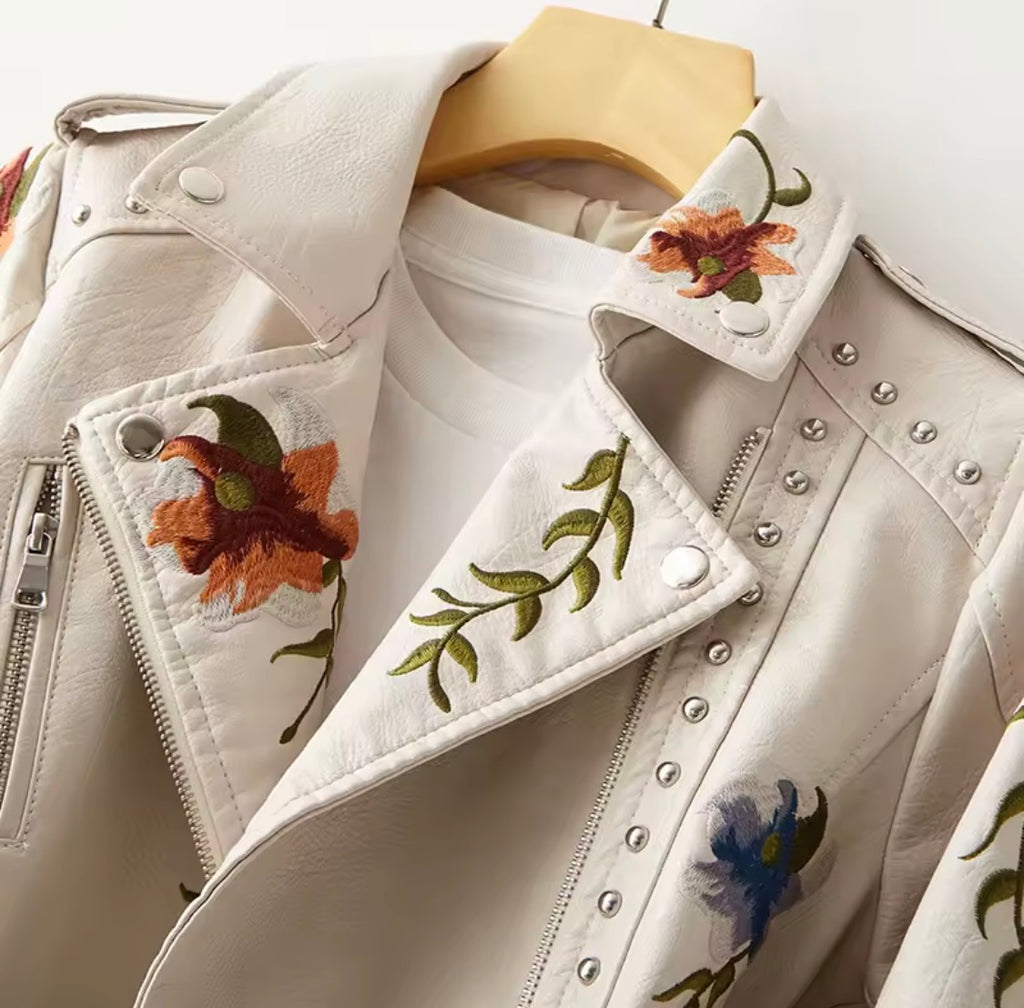 Women's Vintage Floral Embroidered Faux Leather Moto Jacket – Studded Asymmetric Biker Coat