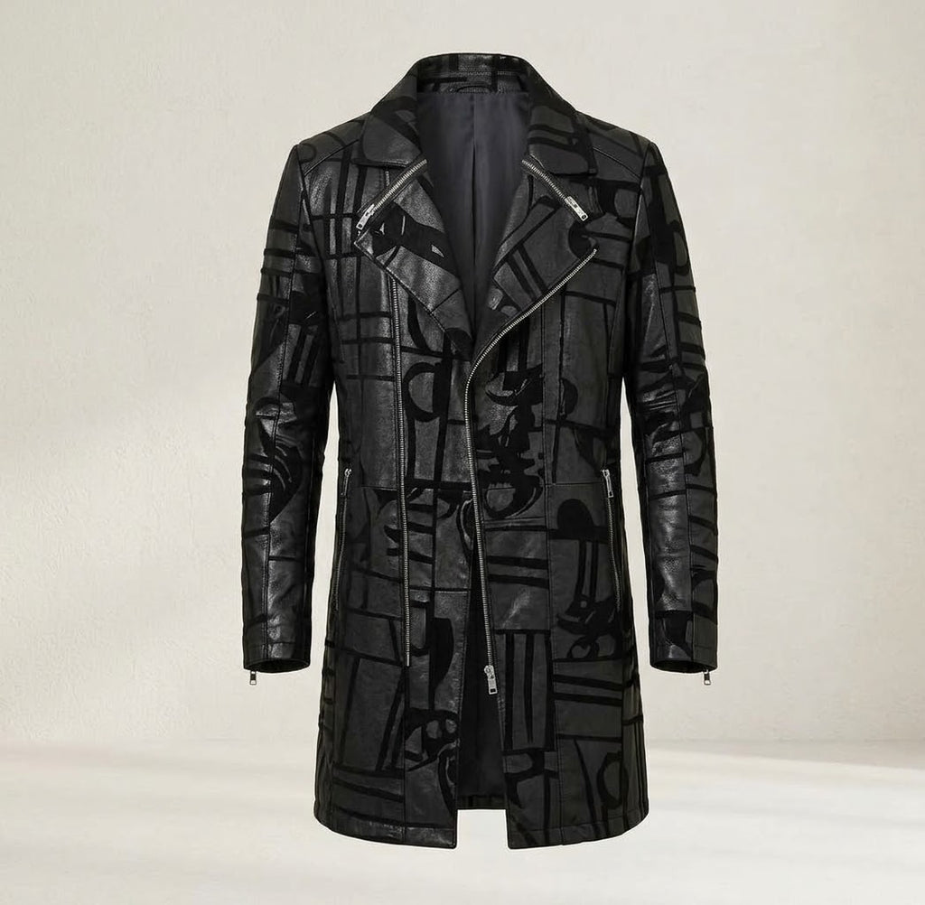 Men’s Genuine Sheepskin Leather Trench Coat – Black Graphic Print Real Leather Long Jacket