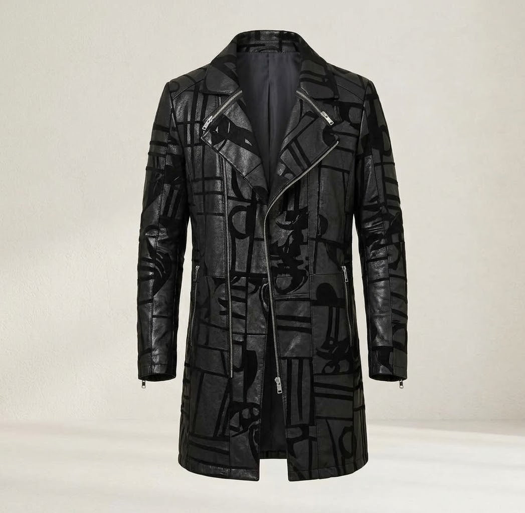 Men’s Genuine Sheepskin Leather Trench Coat – Black Graphic Print Real Leather Long Jacket