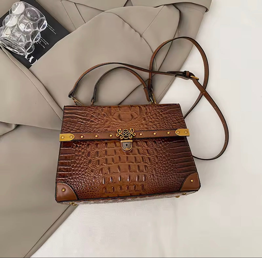 Vintage Crocodile Pattern Satchel Handbag