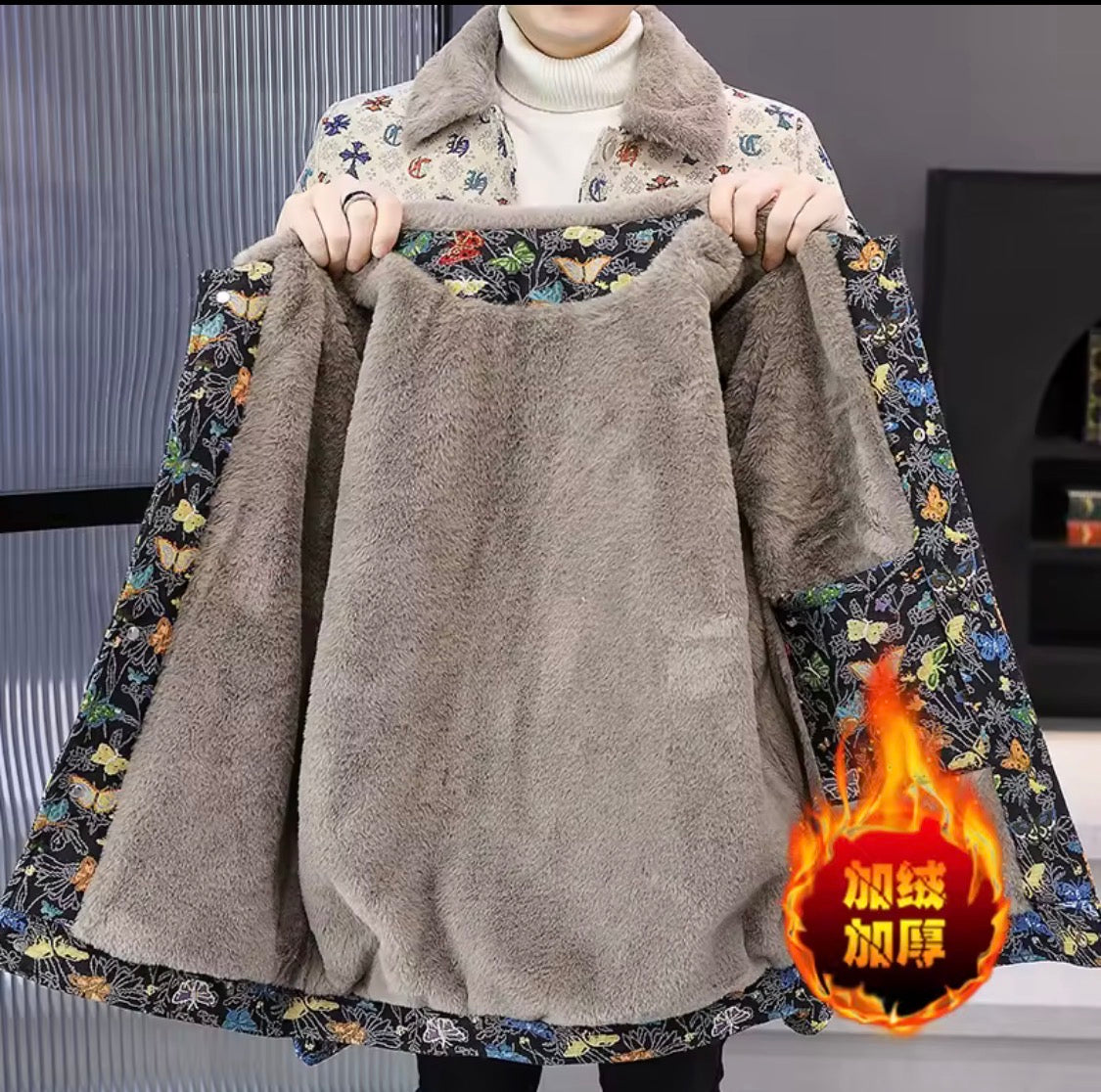 Men's Butterfly Print Winter Jacket with Faux Fur Collar | Warm Plush Fleece Lined Trucker Jacket