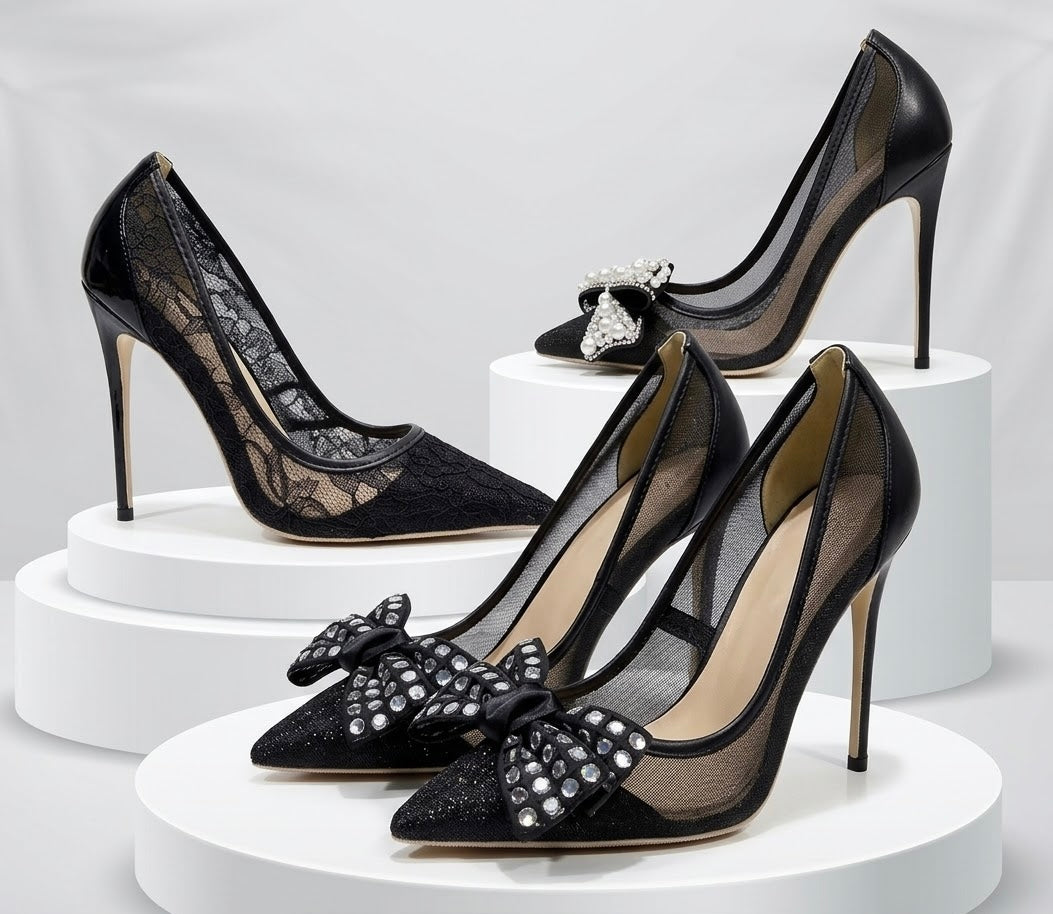 Black Lace Mesh High Heels with Bow Accents | Pointed Toe Stiletto Pumps | Pearl, Rhinestone & Classic Lace Wedding & Evening Shoeshine