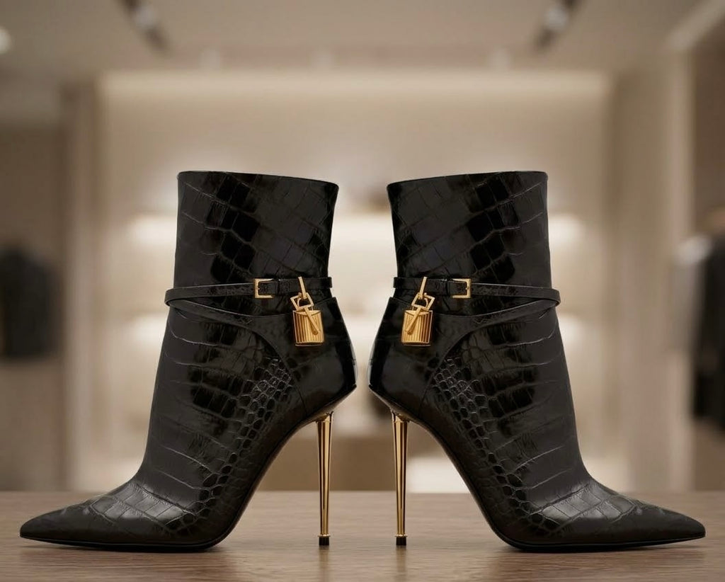 Black Boot and Bag Set | Croc Embossed Ankle Booties or Quilted Over The Knee Boots with Matching Shoulder Bag Set
