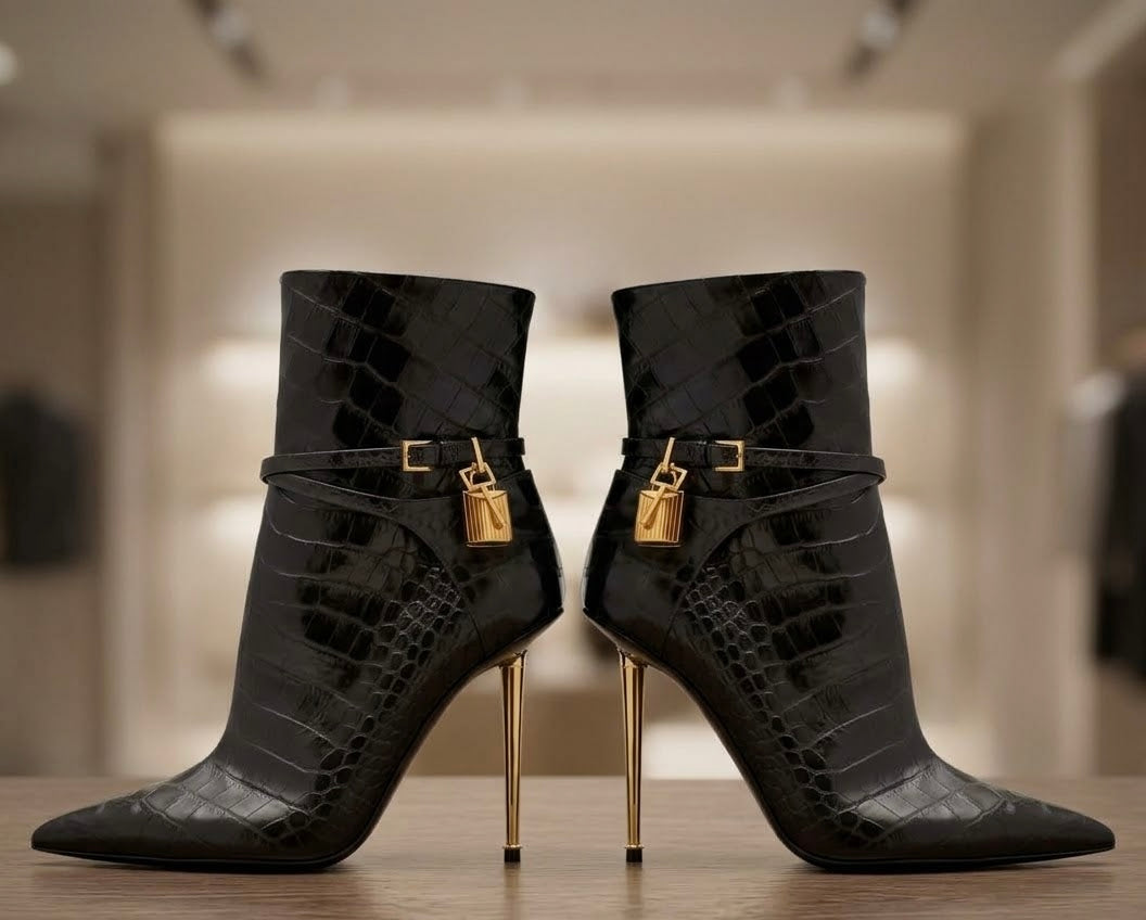Black Boot and Bag Set | Croc Embossed Ankle Booties or Quilted Over The Knee Boots with Matching Shoulder Bag Set