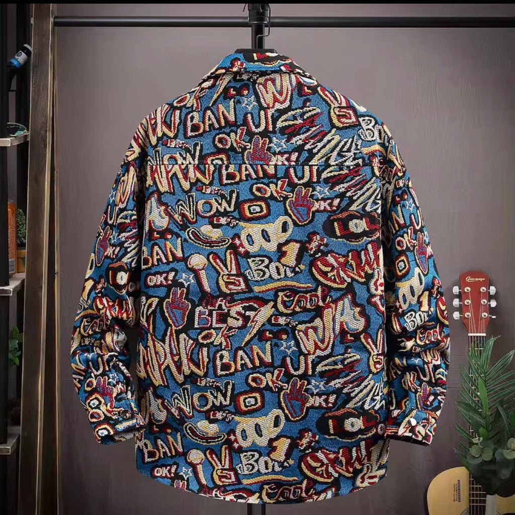 Thick Retro Men's Tapestry Jacket | Vintage Inspired Graffiti and Solar System Streetwear Shacket | Heavyweight Patterned Button-Down Coat