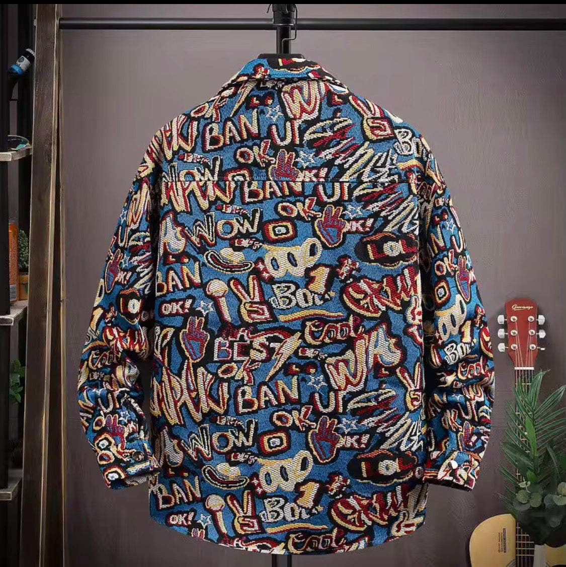 Thick Retro Men's Tapestry Jacket | Vintage Inspired Graffiti and Solar System Streetwear Shacket | Heavyweight Patterned Button-Down Coat