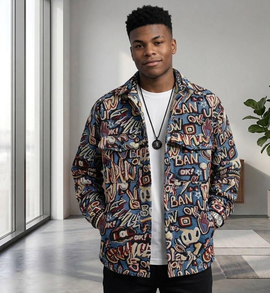 Thick Retro Men's Tapestry Jacket | Vintage Inspired Graffiti and Solar System Streetwear Shacket | Heavyweight Patterned Button-Down Coat