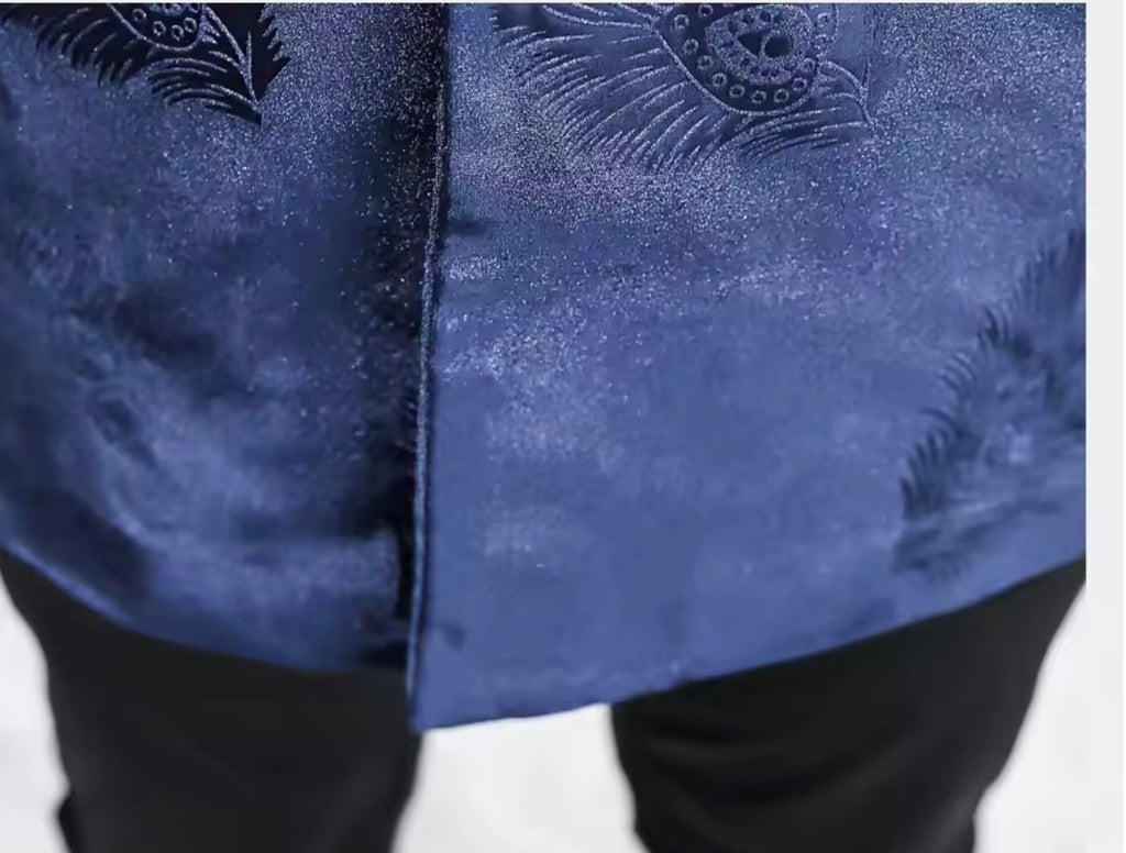 Men's Luxury Velvet Feather Embossed Longline Blazer | Slim Fit Mid-Length Tuxedo Jacket Coat in Black & Royal Blue