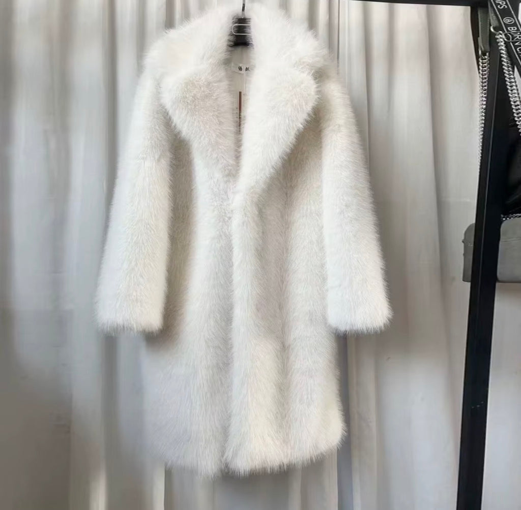 Luxury Women's White Faux Over Coat - Elegant Long Faux Fur Jacket with Oversized Collar for Winter