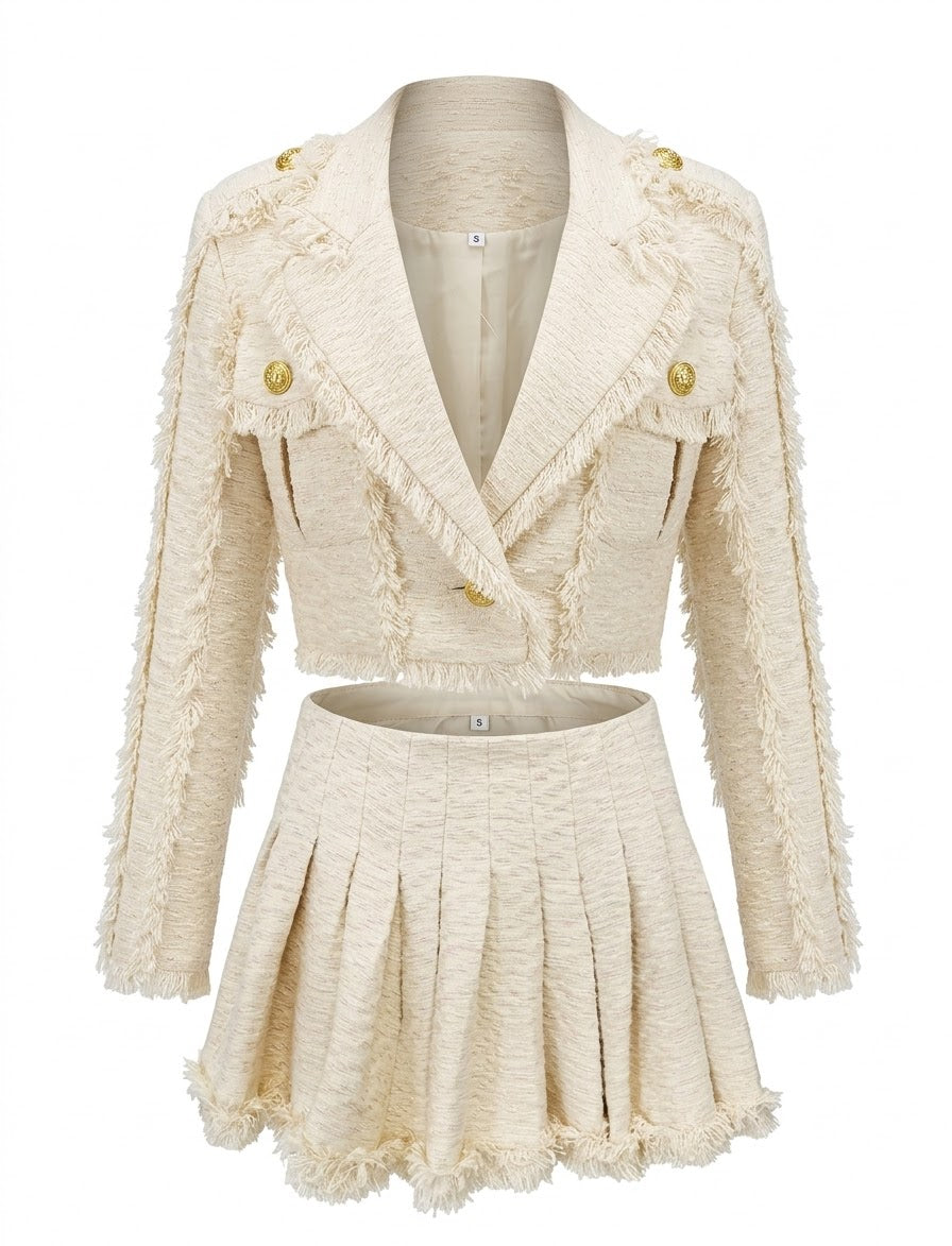 Cream Tweed 2 Piece Set | Fringe Cropped Tweed Jacket & Pleated Mini Skirt | Old Money Aesthetic Outfit | Parisian Chic Matching Set