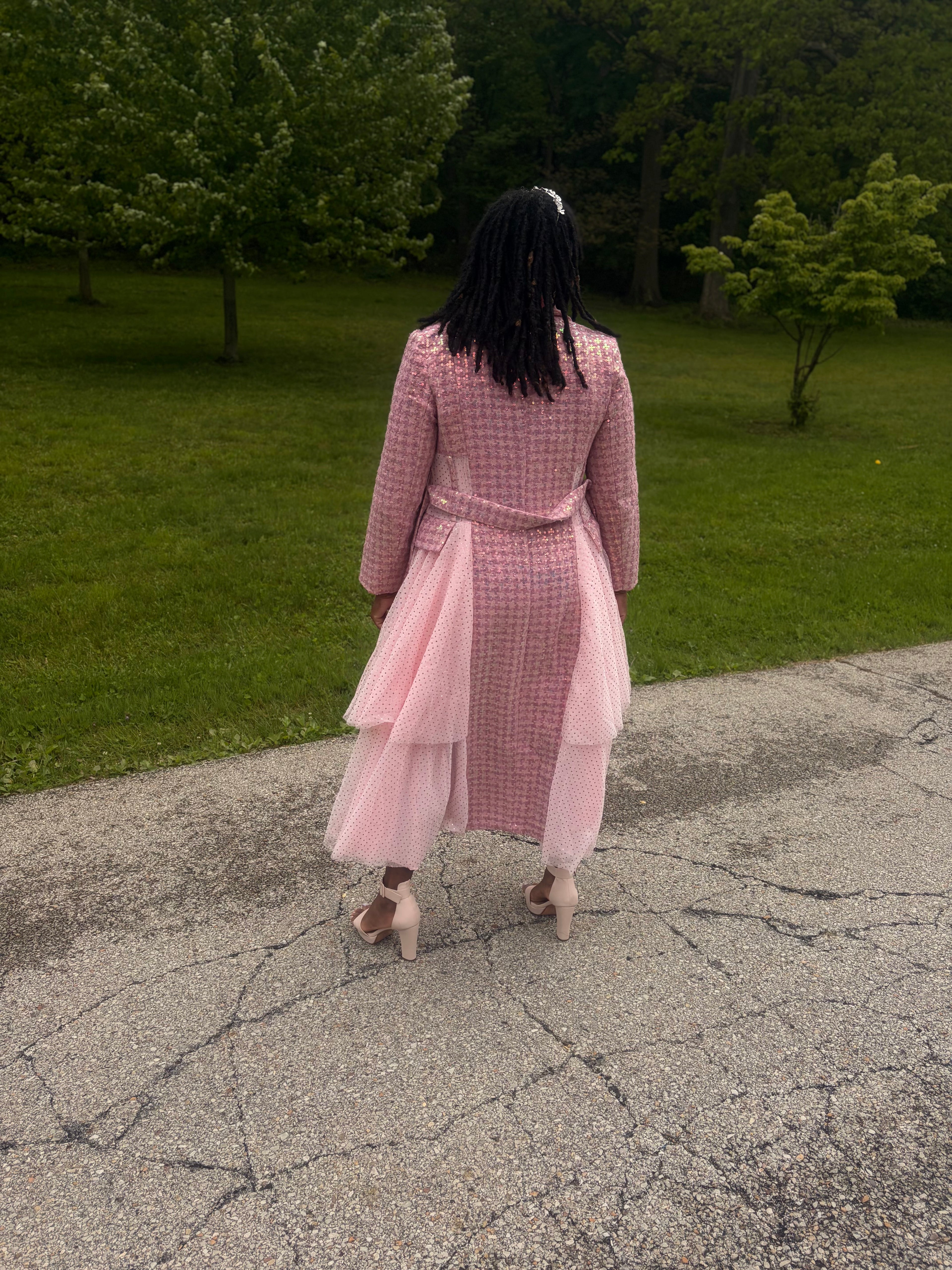 Stunning pink Sequins Mesh Layered Trench Coat – Elegant Evening Outerwear