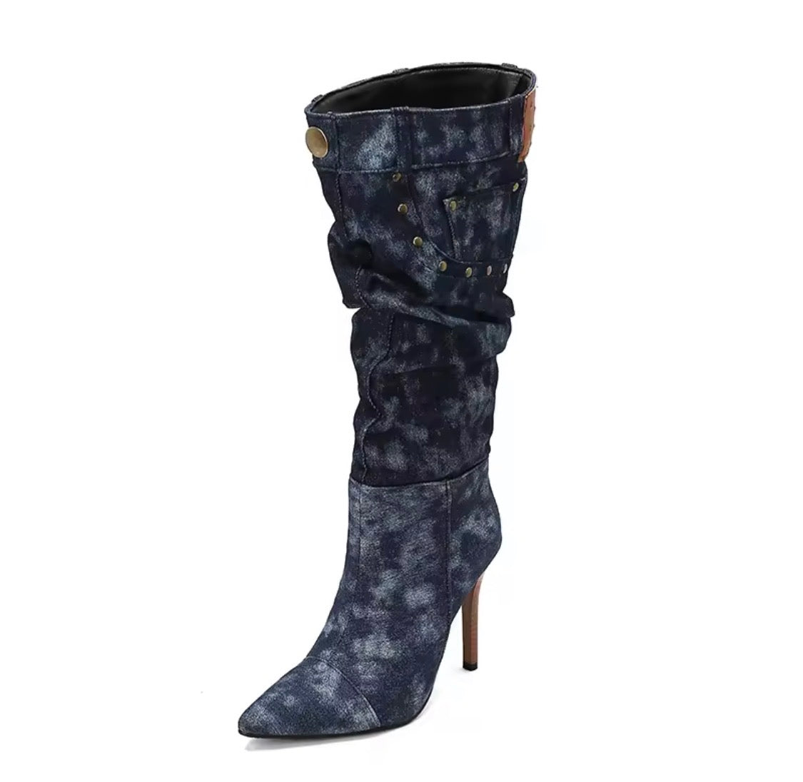 Women's Slouchy Denim Mid-Calf Boots – Pointed Toe Stiletto High Heel