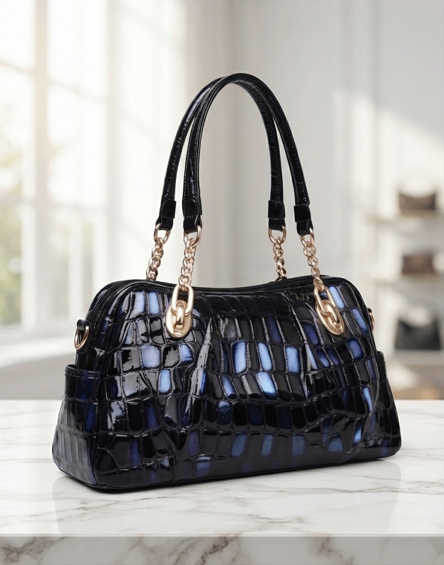 Gradient Leather Satchel Bag, Crocodile Print Top Handle Handbag
