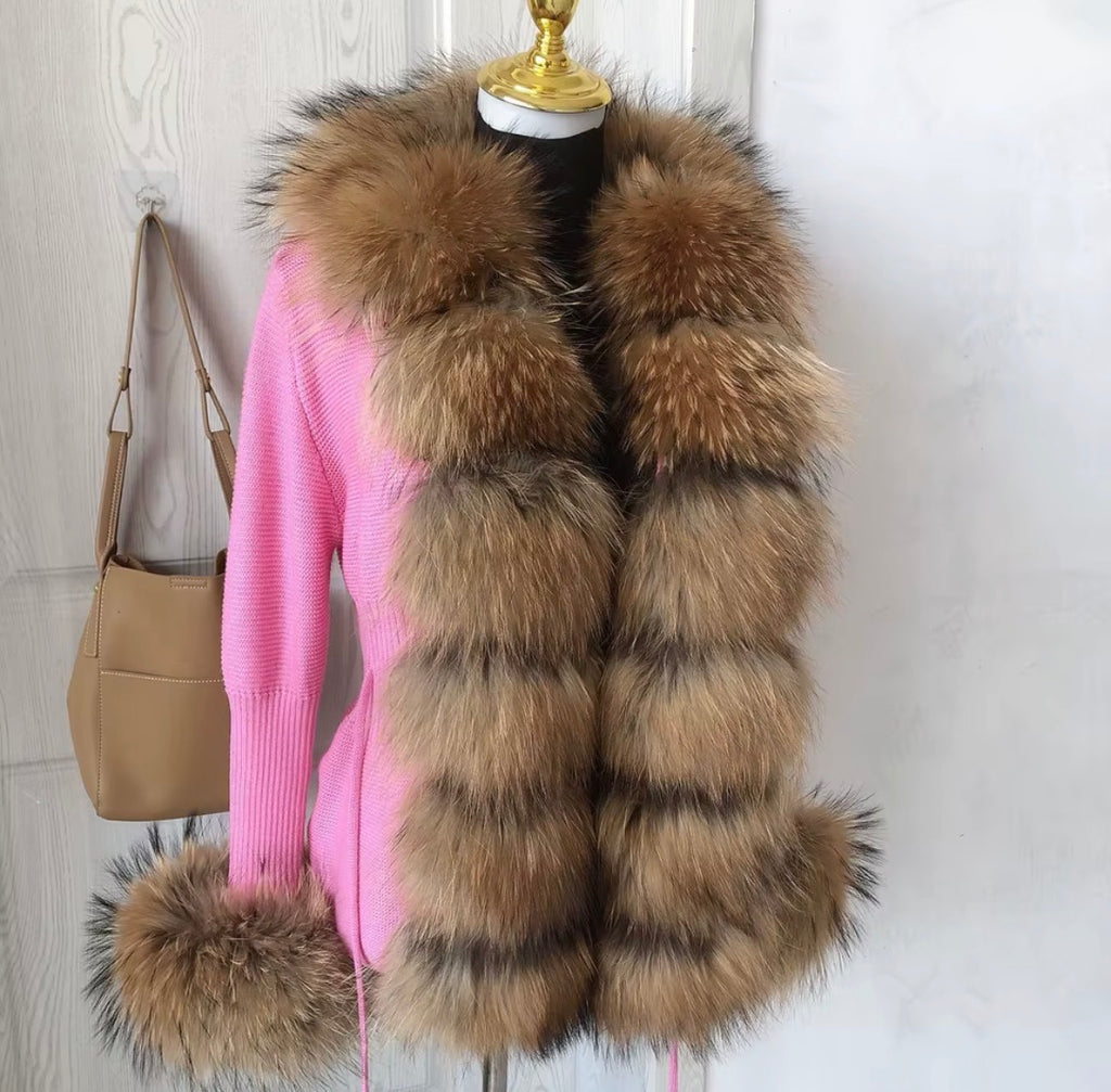 Luxury Real Fox Fur Cardigan with Sleeves & Cuffs | Handcrafted Knit Wool Blend Sweater with Genuine Fox Fur Trim