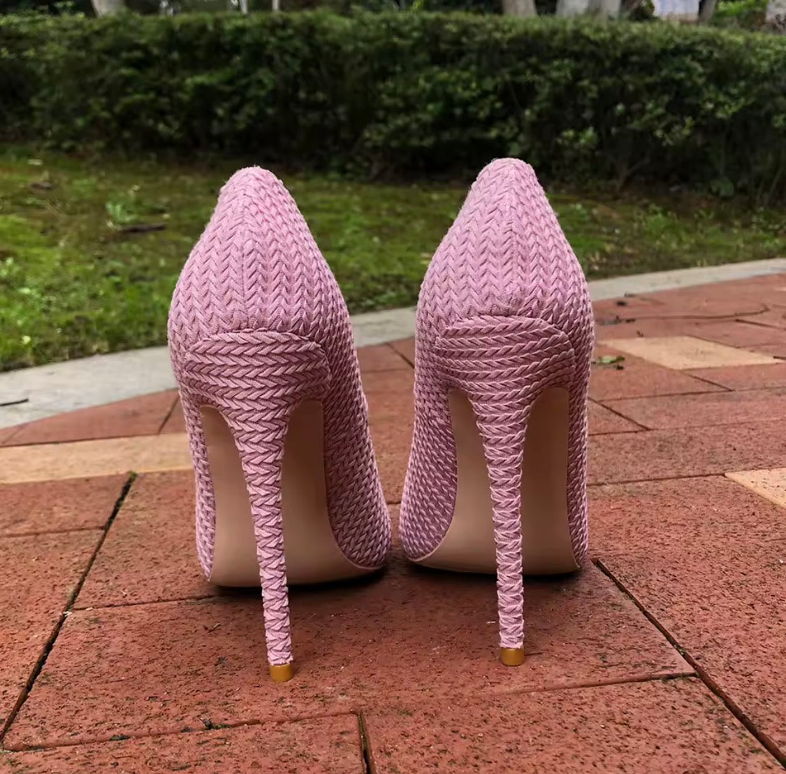 Pink Woven Fabric High Heels, Pointed Toe Stiletto Pumps, Textured Pink Dress Shoes, Chic Women's Party Heels, Elegant Spring Summer Shoes