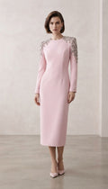 Elegance Crystal Beaded Shoulder Midi Dress, Long Sleeve Cocktail Party Dress, Luxury Formal Evening Gown