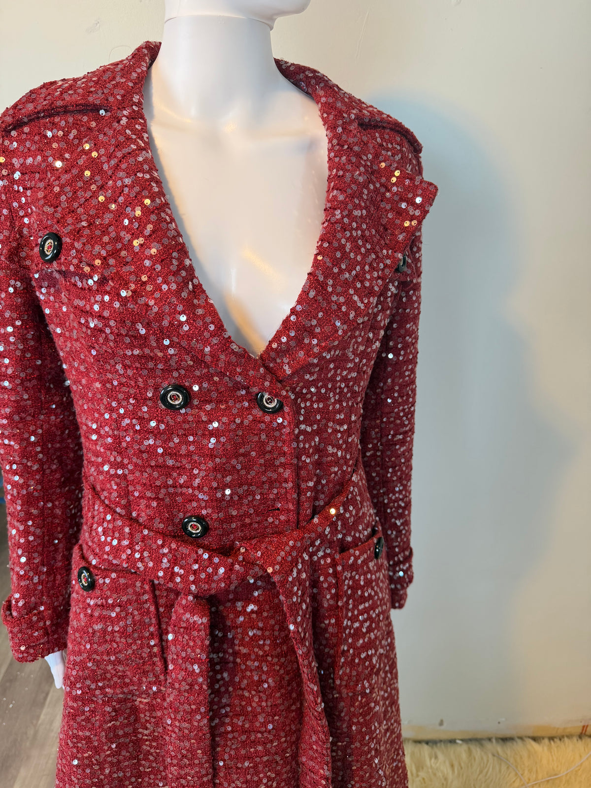 Elegant Sparkly Tweed Long Sequin Trench Belted Evening Overcoat with fur collar