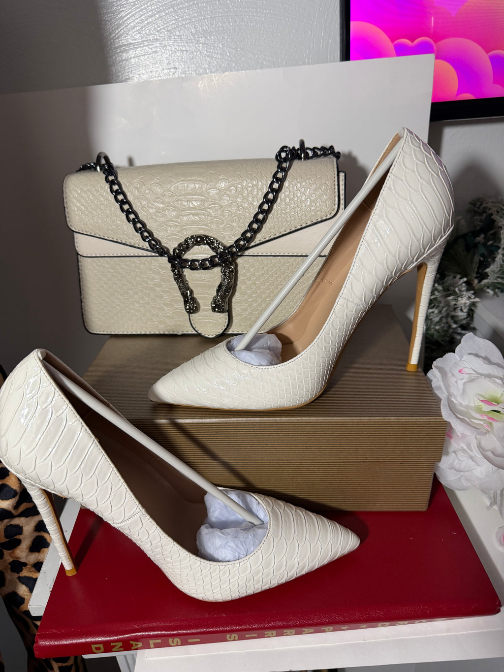 Ivory Snakeskin Stiletto & Dionysus-Style Crossbody Set