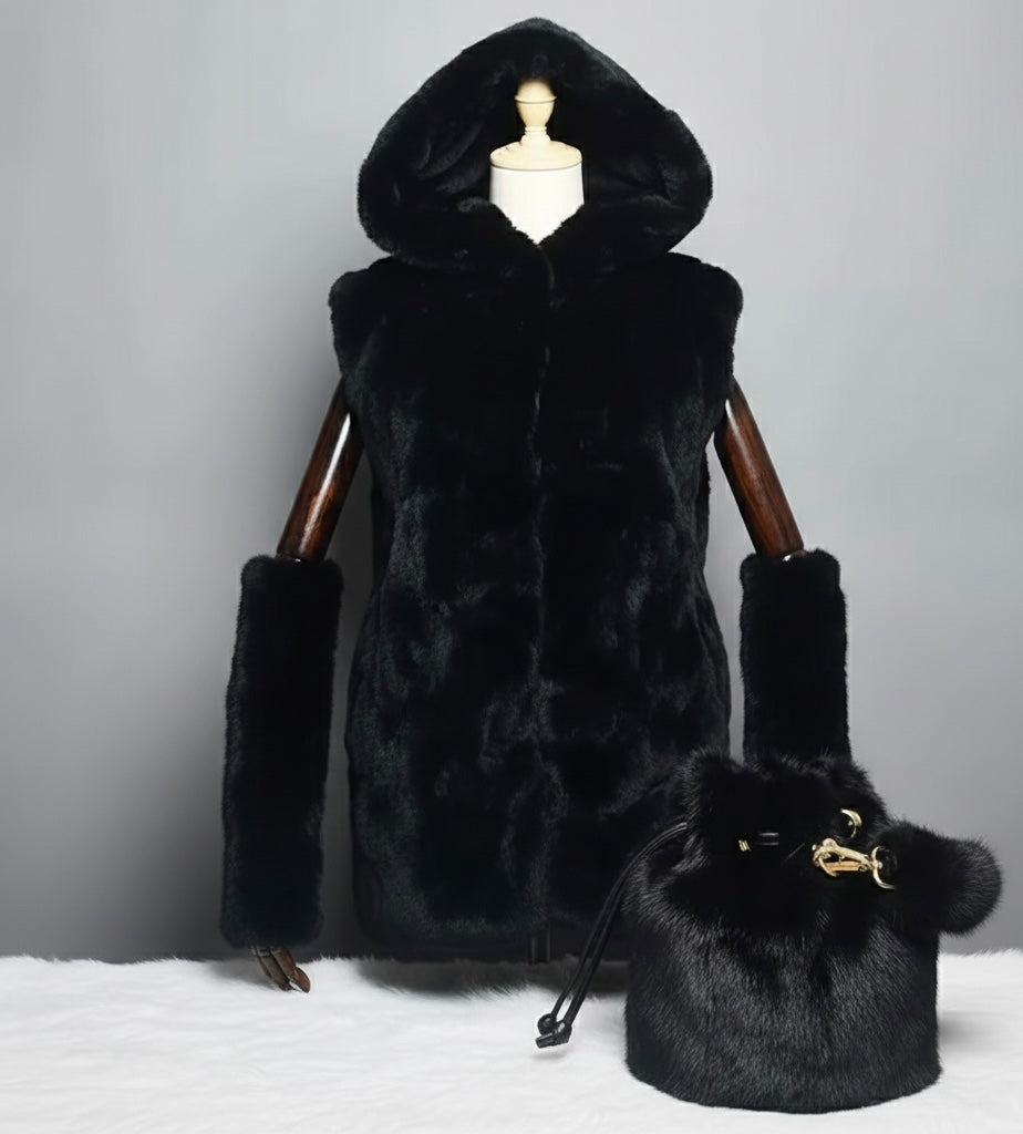 Luxury 3-Piece Real Fur Set: Genuine Rabbit Fur Hooded Vest, Mink Fur Bucket Bag, and Matching Mink Fur Arm Warmers