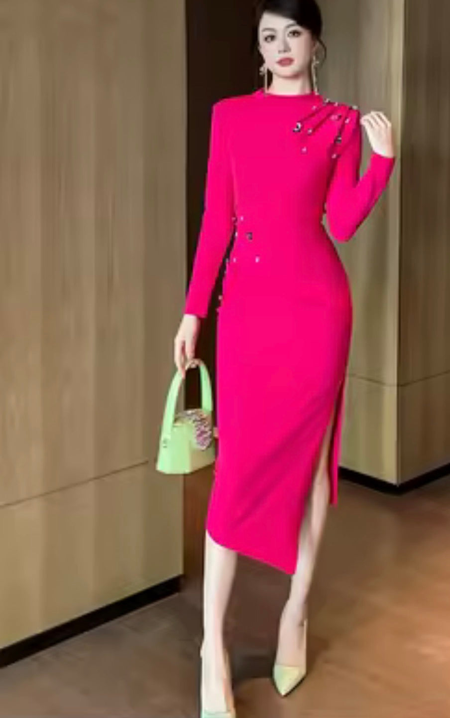 Red Rose Ruched Long-Sleeve Midi Dress with Bead Embellishments | Chic Cocktail & Party Dress
