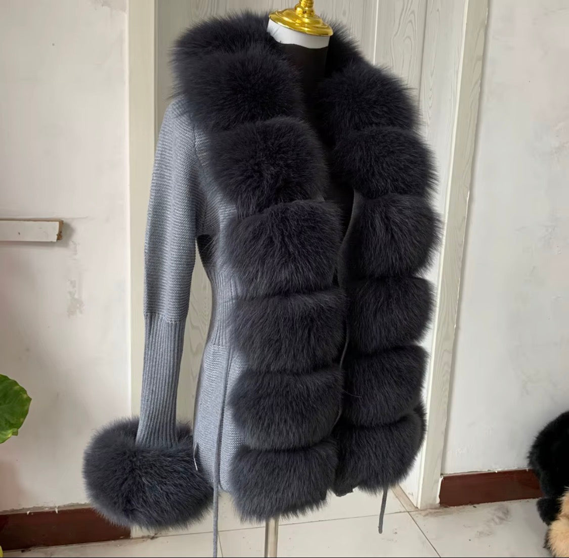 Luxury Real Fox Fur Cardigan with Sleeves & Cuffs | Handcrafted Knit Wool Blend Sweater with Genuine Fox Fur Trim