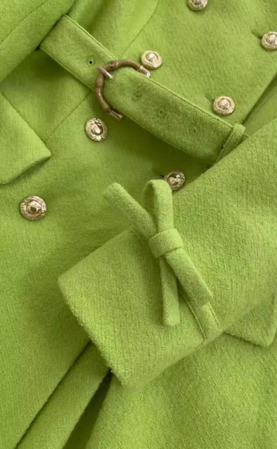 Lime Green Double Breasted Elegant Pleated A-Line Belted Woolen Trench Coat