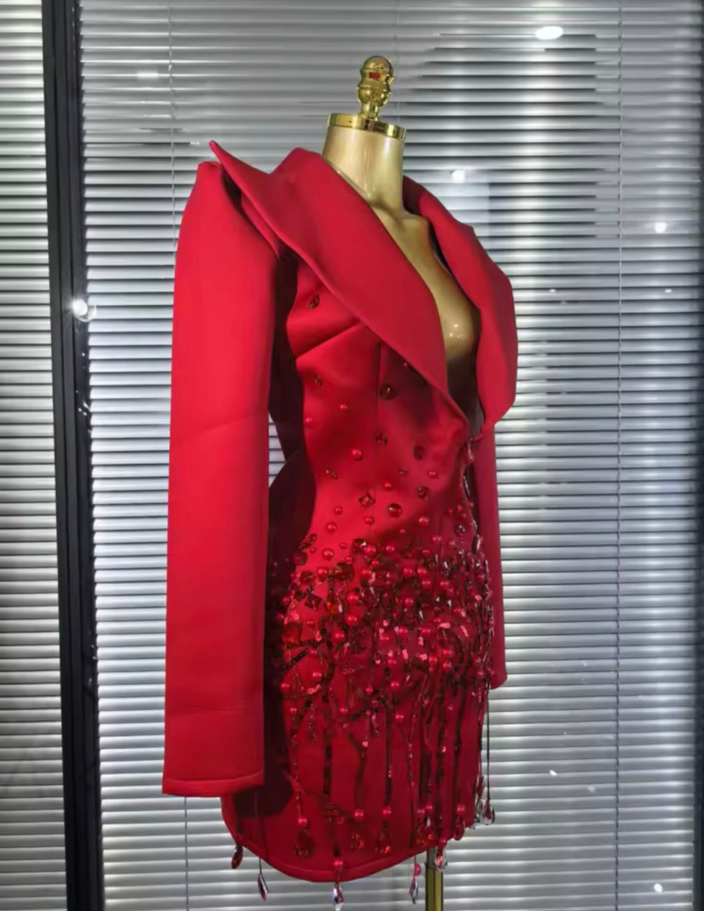 Luxury Crystal Rhinestone Blazer Mini Dress, Beaded Fringe Formal Party Gown, Sculptural Lapel Evening Cocktail Dress, Birthday Outfit Women