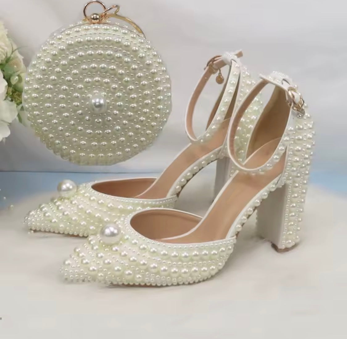 Pearl Bridal Shoe and Bag Set, White Pearl Block Heels, Round Pearl Clutch Purse, Wedding Shoes and Matching Handbag, Bridesmaid Gift