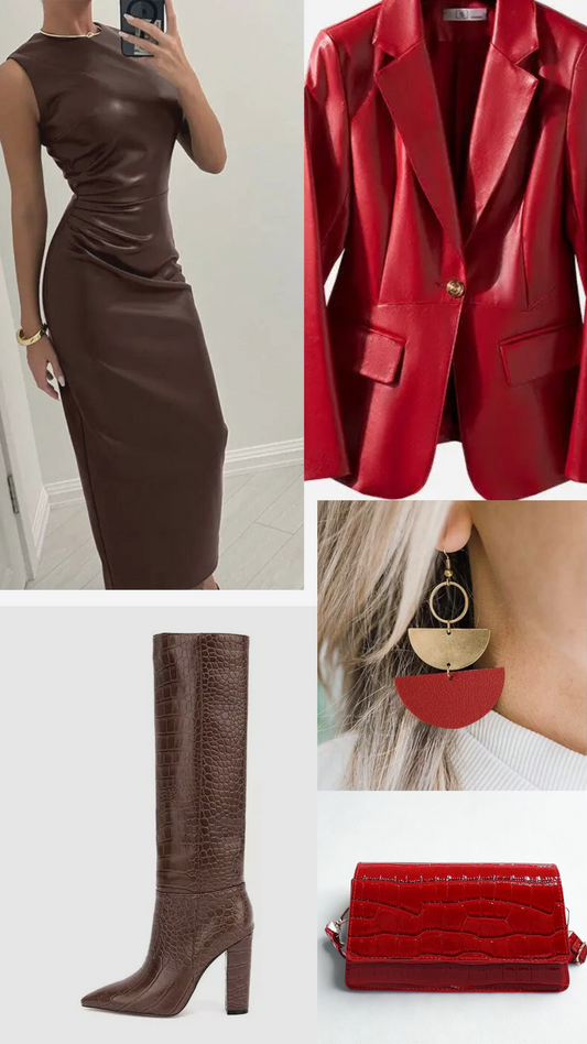 brown leather dress red jacket outfit